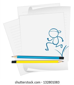 Illustration of a paper with a sketch of a man running on a white background