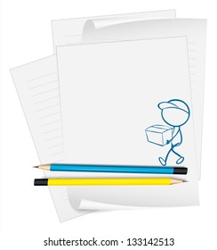 Illustration of a paper with a sketch of a person holding a box on a white background