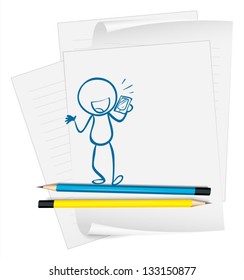 Illustration of a paper with a sketch of a person holding a phone on a white background
