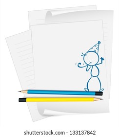 Illustration of a paper with a sketch of a person with a party hat on a white background
