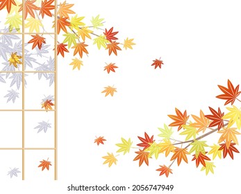 Illustration of a paper sliding door and a maple branch of autumn leaves