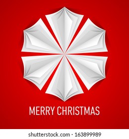 Illustration of paper snowflake on red background. Christmas card.