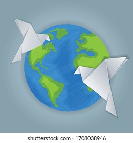 Illustration in paper style with planet and origami doves