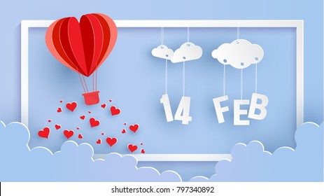 Illustration of paper style red balloon flying on the sky with messages of love and Valentine's day, Blue background and frame