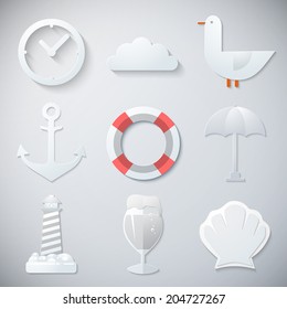 Illustration of Paper Summer Sea Travel Weekend Trip Flat vector icon set