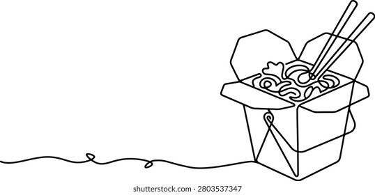 Illustration of paper takeout noodle box with chopsticks, fast casual Asian street food, hand drawn outline vector illustration.