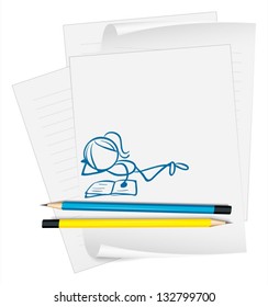 Illustration of a paper with a woman reading on a white background