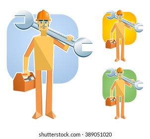 Illustration of paper worker, builder, workman holding tool box and giant wrench. Simple vector illustration