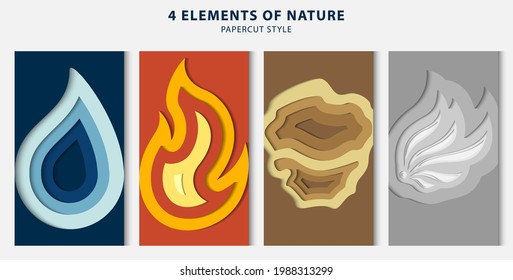 Illustration papercut vector graphic of 4 element of nature. water blue, fire red, earth brown and air gray. this artwork good for phone wallpaper, advertise element, cover book, identity element, etc