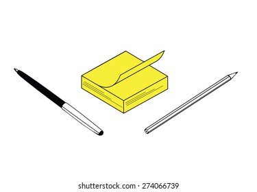 Illustration of papers to write memos, pencil and pen nearby. 