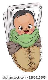 Illustration of a Papoose or Baby Carrier Carrying a Cute Native American Kid Baby