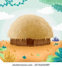 Illustration of a Papuan Honai House Traditional Indonesian House