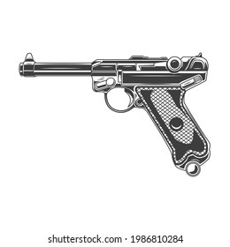 Illustration of parabellum handgun. Design element for logo, label, sign, emblem, banner. Vector illustration