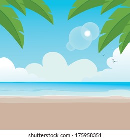 Illustration of paradisaical tranquil beach background scene with palm trees