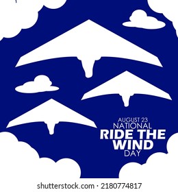 Illustration of paragliding in cloudy sky with bold text on dark blue background, National Ride The Wind Day August 23