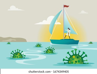 An illustration of paramedic woman sailing among corona virus trap