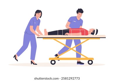 Illustration of paramedics team rushing With patient on stretcher. Illustrations for websites, landing pages, mobile apps, posters and banners. Trendy flat vector illustrations