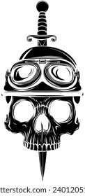 Illustration of paratrooper skull with knife in teeth. Design element for logo, label, sign, emblem. Vector illustration