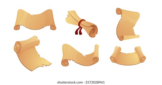 Illustration of a Parchment Set for Game Design on Isolated Background. Vector of Rolled and Opened Scrolls, Ancient Documents, and Blank Maps. Old Paper Elements in Cartoon Style.