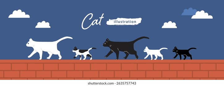 Illustration of a parent and child cat walking on a fence