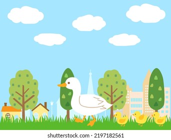 It is an illustration of a parent and child of a duck taking a walk.