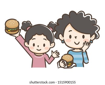 Illustration of parent and child eating burgers