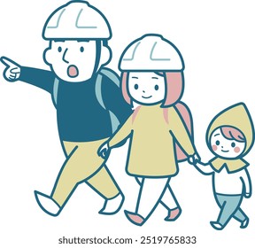 Ilustração de uma evacuação de pais e filhos
