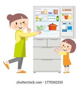 Illustration Of A Parent And Child Opening The Refrigerator