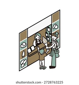 Ilustración de un padre y un niño comprando helado suave en un lugar turístico o tienda.