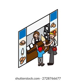 Ilustración de un padre y un niño comprando helado suave en un lugar turístico o tienda.