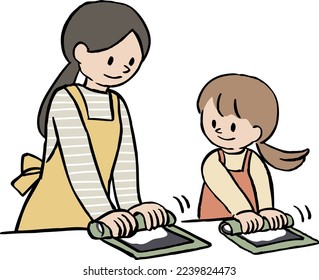 Illustration of parent and child rolling sushi rolls