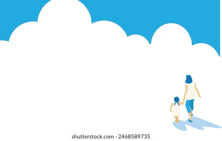 Illustration of a parent and child in summer clothes with a background frame of thunder clouds