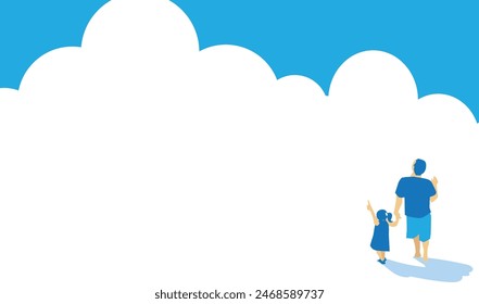 Illustration of a parent and child in summer clothes with a background frame of thunder clouds