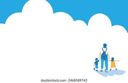 Illustration of a parent and child in summer clothes with a background frame of thunder clouds