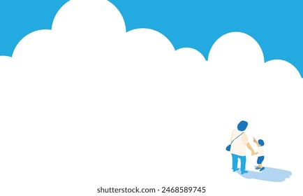 Illustration of a parent and child in summer clothes with a background frame of thunder clouds