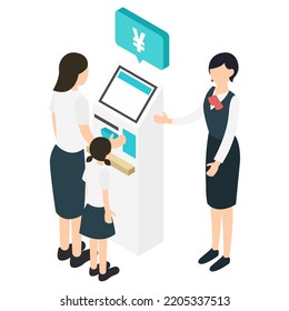 Illustration Of A Parent And Child Using A Payment Machine And A Guide Staff