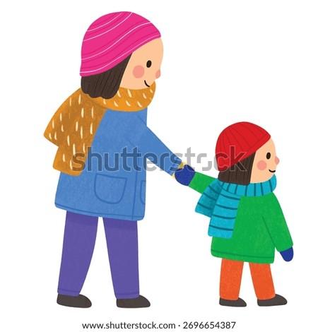 Illustration of Parent and Child Walking in Winter.