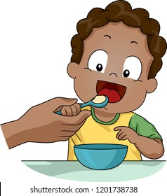 Illustration of a Parent Hand Teaching Her Kid Boy Toddler to Eat By Himself