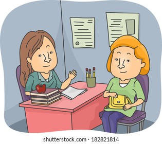 Illustration of a Parent and a Teacher Having a Talk at the Teacher's Office