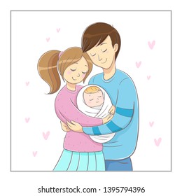 Illustration of parents with baby. Parents embracing newborn and expressing love and care. In pink and blue color.