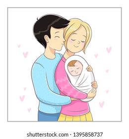 Illustration of parents with baby. Parents embracing newborn and expressing love and care. In pink and light blue color.