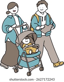 Illustration of parents and baby going out