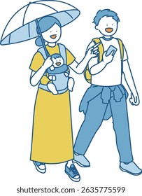 Illustration of parents and baby going out in summer
