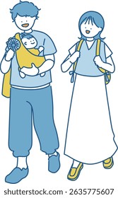 Illustration of parents and baby going out in summer
