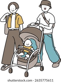 Illustration of parents and baby going out in summer