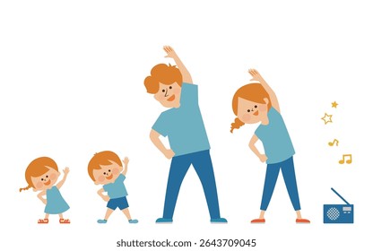 Ilustração de pais e filhos fazendo radiocalistenia