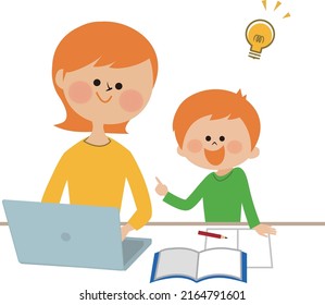 Illustration of parents and children studying together
