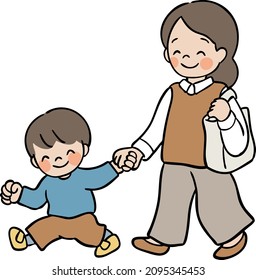 Illustration of parents and children walking hand in hand