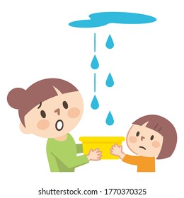 Illustration of parents and children who are troubled by rain leaks