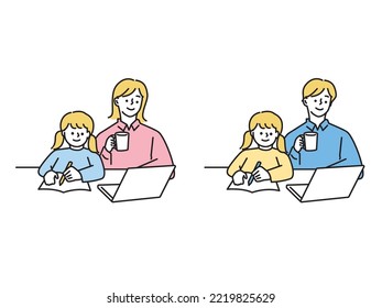 Illustration of parents and children.Study, play, relax, home.	
